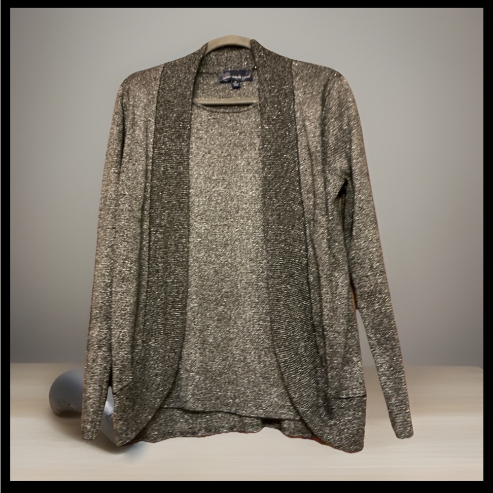 Susan Graver Charcoal metallic shimmery retro Open Front Cardigan w/attached top